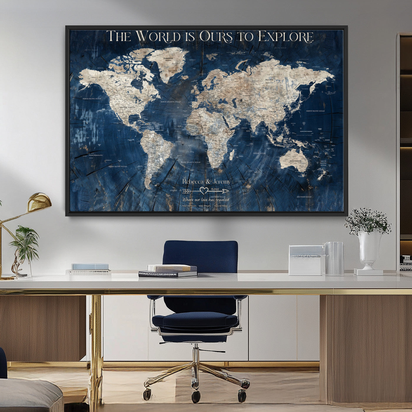 16933330-MGV-CV-36X24-Personalized World Map Wall Art – Navy Blue Vintage Travel Map with Custom Names, Anniversary Gift for Couples Romantic Adventure