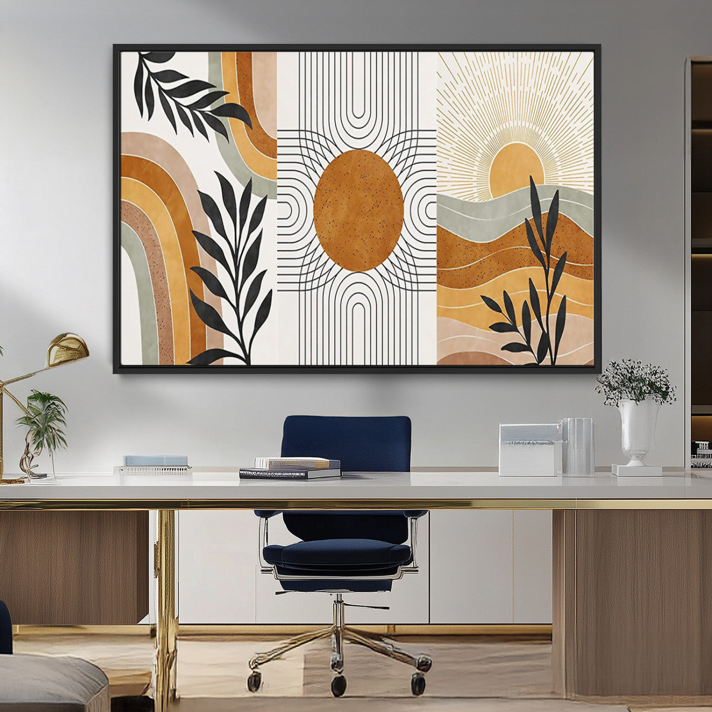 32359-MGV-FC-36X24_Black-Modern Sun Wall Art Canvas Print, Framed Retro Horizon Art Picture Print, Sunburst Design Perfect Mid Century Boho Decor Artwork