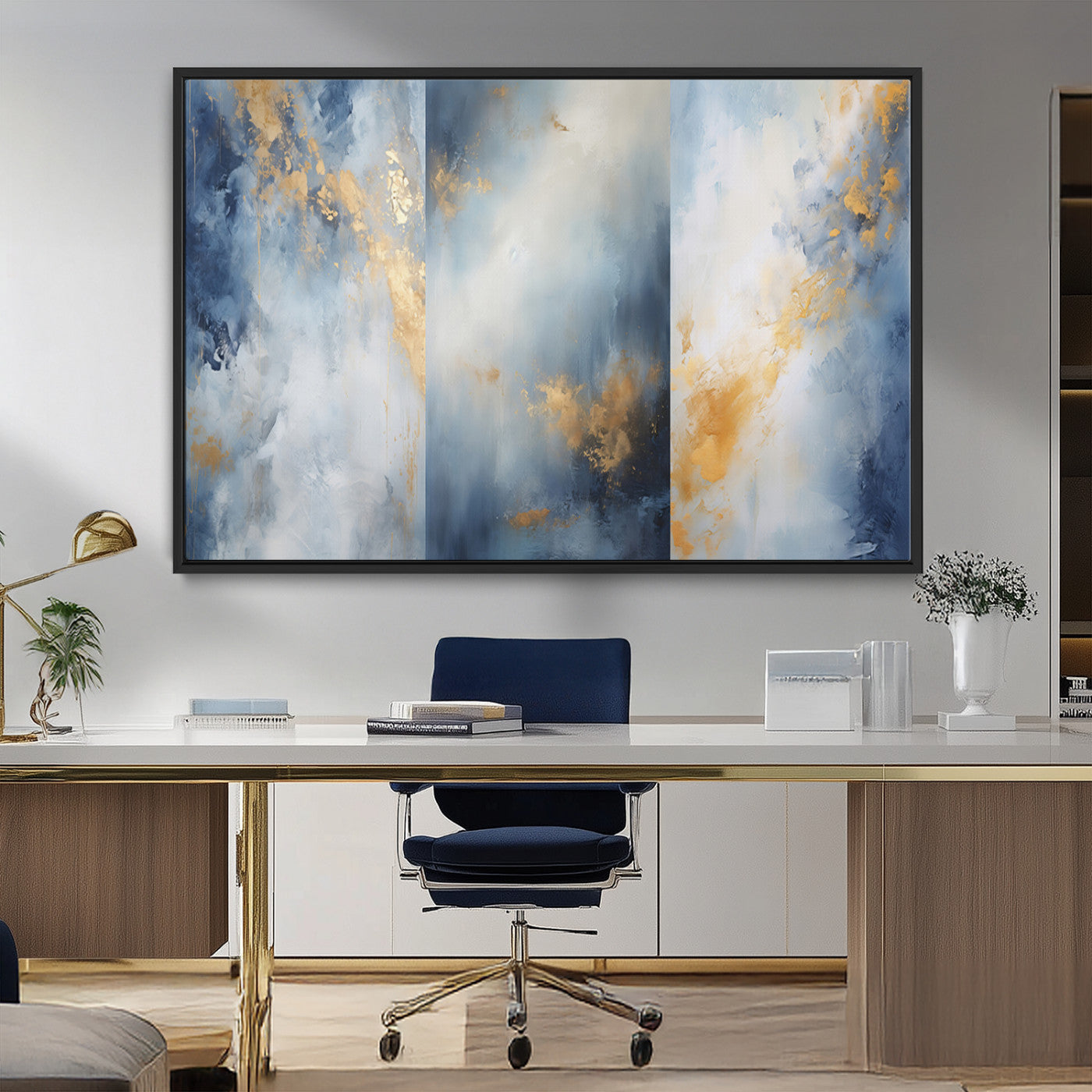 41836-MGV-FC-36X24_Black-Abstract Gold Wall Art Canvas Print, Framed Blue Layers Art Picture Print, Elegant Cloud Perfect Elegant Minimalist Decor Artwork