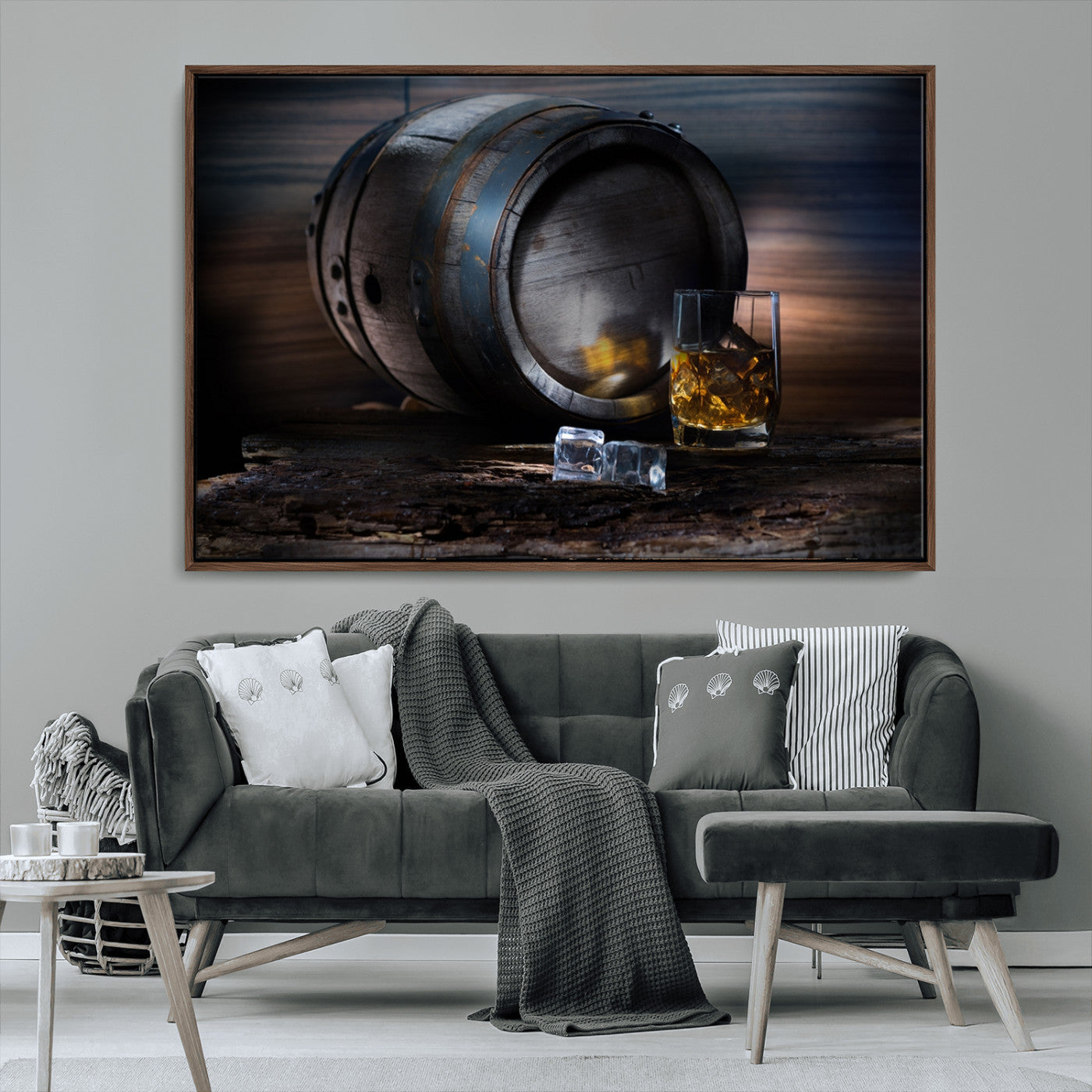 78049-MGV-CV-36X24-Whiskey Barrel Wall Art – Rustic Whiskey Barrel and Glass with Ice Canvas Print, Classic Bar or Lounge Decor for Home, Office, or