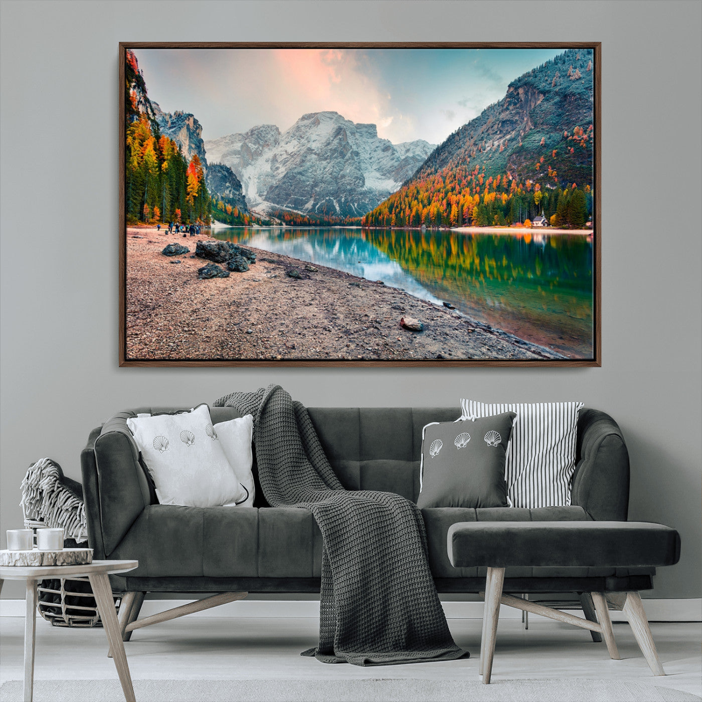 25982-MGV-CV-36X24-Autumn Mountain Lake Wall Art – Panoramic Fall Foliage and Snowy Peaks Canvas Print, Scenic Nature Decor for Living Room or Office