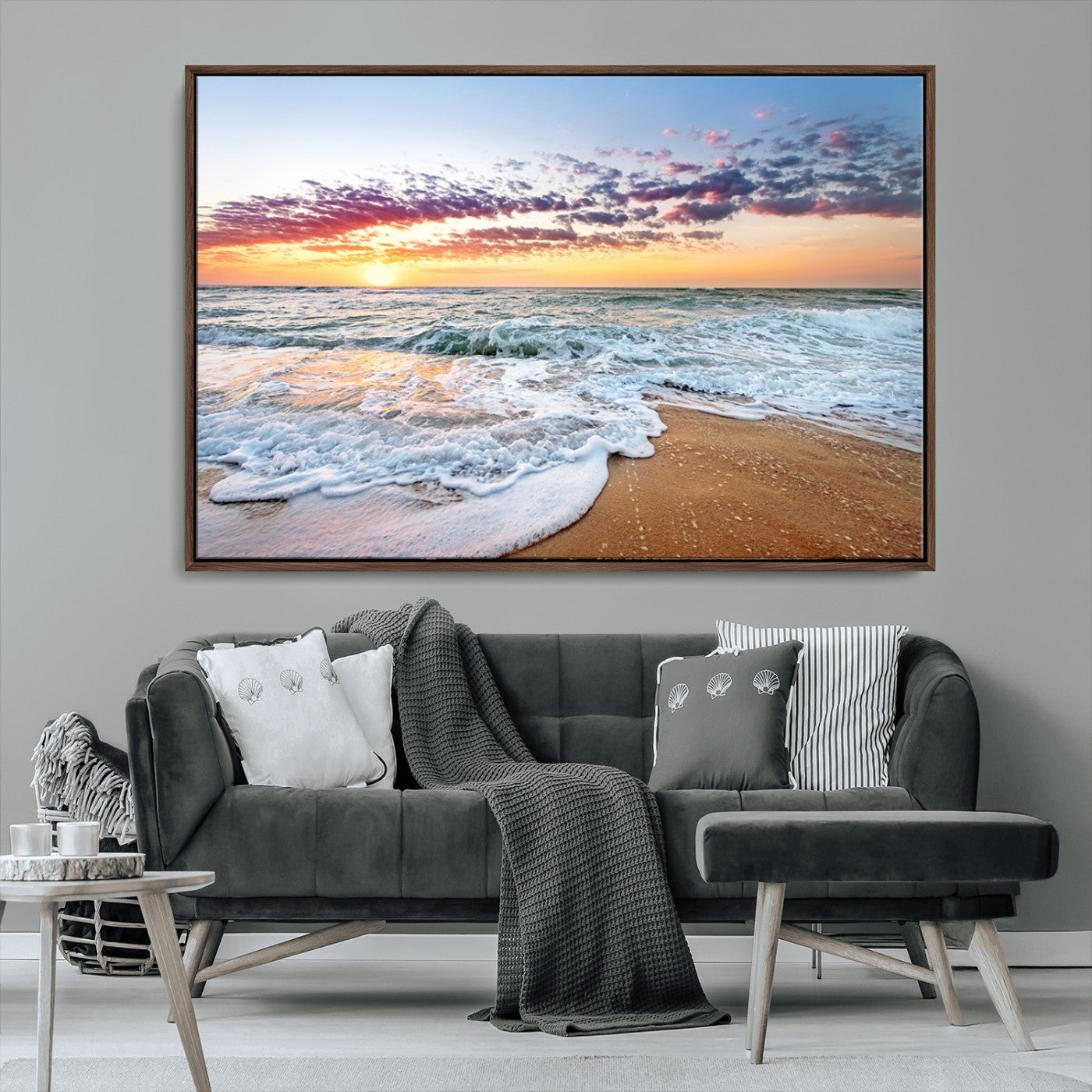 39560-MGV-CV-36X24-Sunrise Beach Wall Art – Vibrant Ocean Waves and Golden Sand Canvas Print, Seaside Coastal Decor for Living Room, Bedroom or