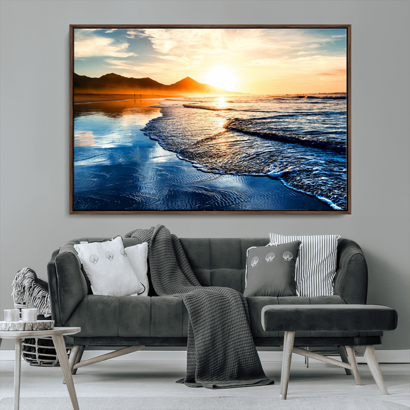 86173-MGV-CV-36X24-Golden Sunset Beach Wall Art – Reflective Ocean Canvas Print with Mountains and Waves, Coastal Nature Decor for Living Room,
