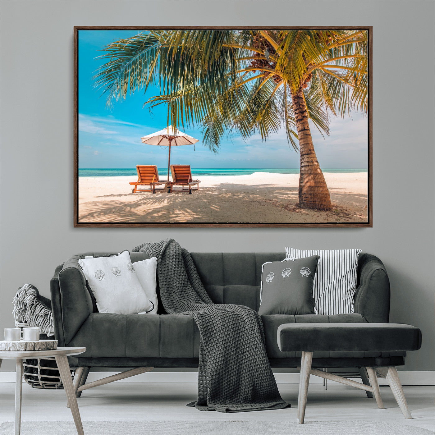 69754-MGV-CV-36X24-Tropical Beach Wall Art – Relaxing Palm Tree and Lounge Chairs Canvas Print, Serene Coastal Decor for Living Room, Bedroom, Office