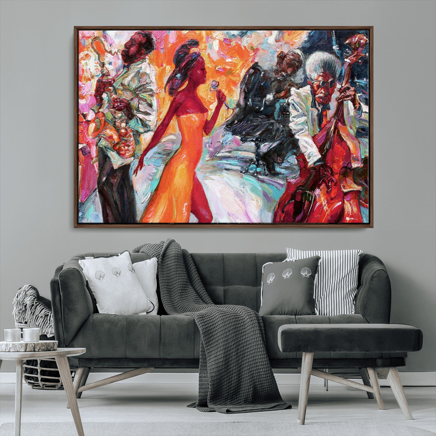 24452-MGV-CV-36X24-Vibrant Jazz Musician Painting - Expressive Art Print of Live Jazz Band, Perfect Wall Decor for Music Lovers and Art Enthusiasts