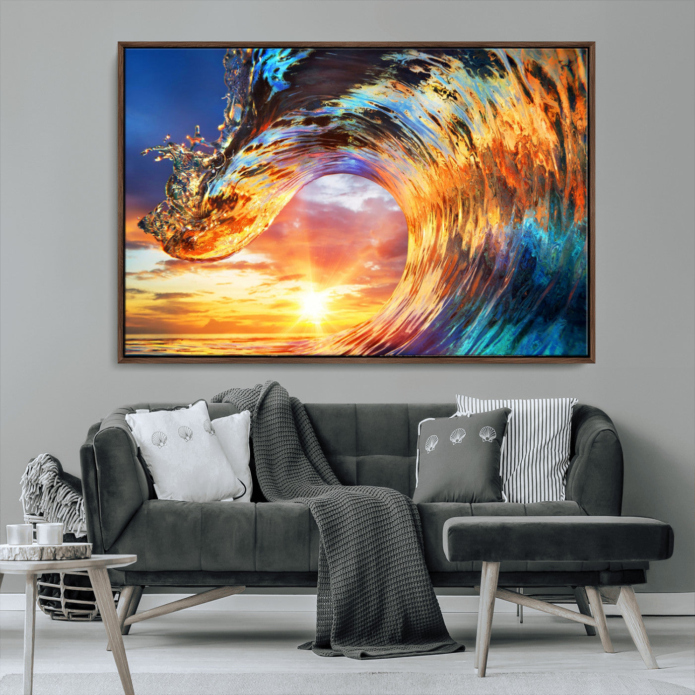 52890-MGV-FC-36X24_Walnut-Surfing Wave Wall Art Canvas Print, Framed Sunset Ocean Art Picture Print, Ocean Wave Perfect Nautical Decor Artwork
