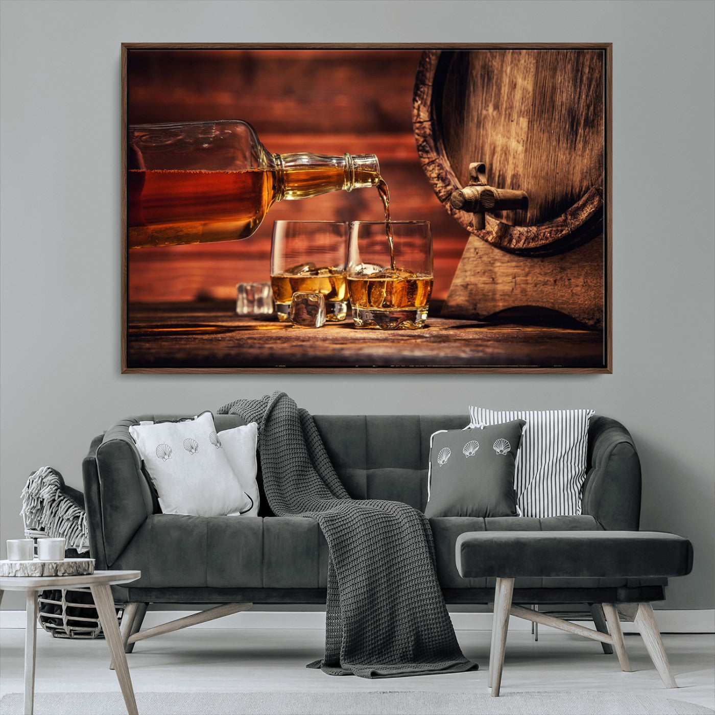 21266-MGV-CV-36X24-Pouring Whiskey into Glasses with Ice – Rustic Wooden Barrel Background, Warm Ambient Lighting, Ideal Decor for Home or Office