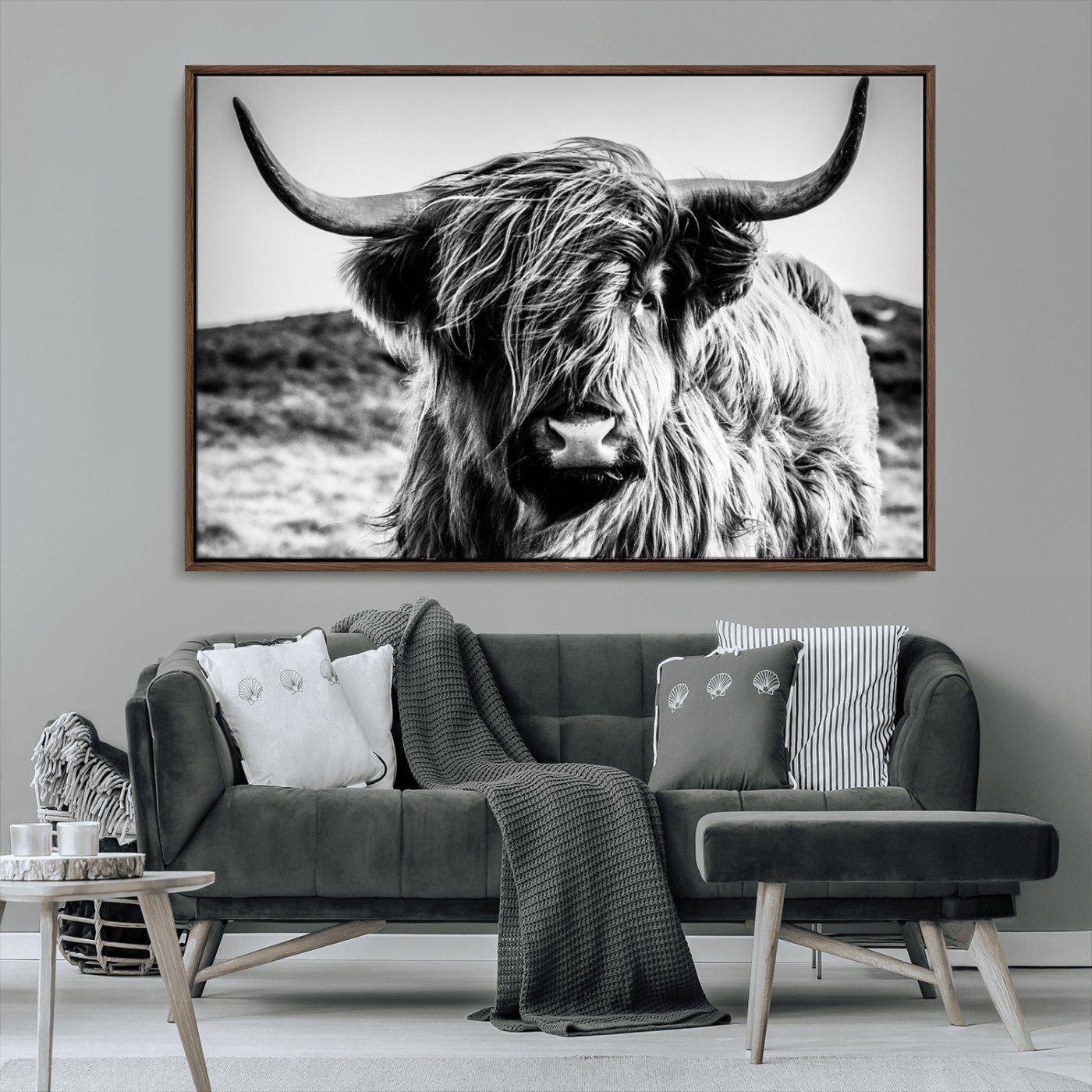 36979-MGV-CV-36X24-Striking black-and-white portrait of a Highland cow with flowing fur and majestic horns, perfect for rustic and elegant home or
