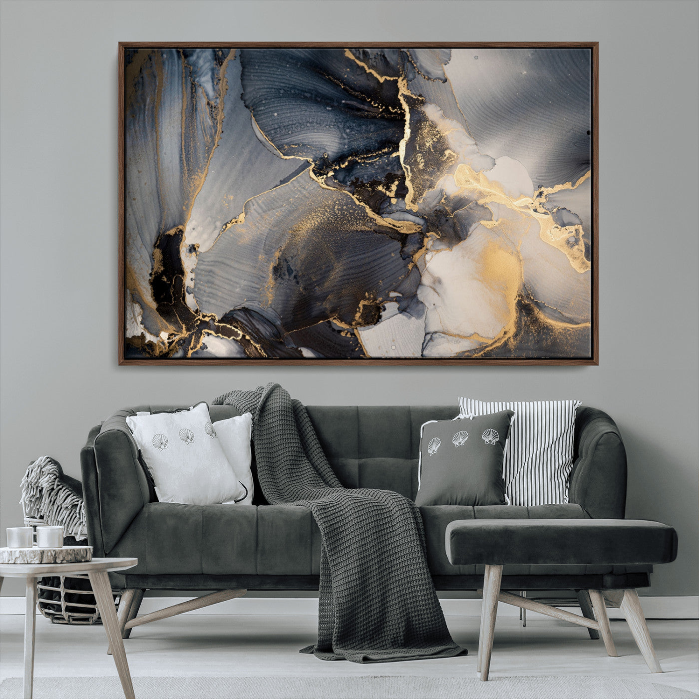 24068-MGV-CV-36X24-Luxury Abstract Wall Art – Gold & Gray Fluid Ink Painting Canvas, Modern Metallic Home Decor, Elegant Office or Living Room Accent