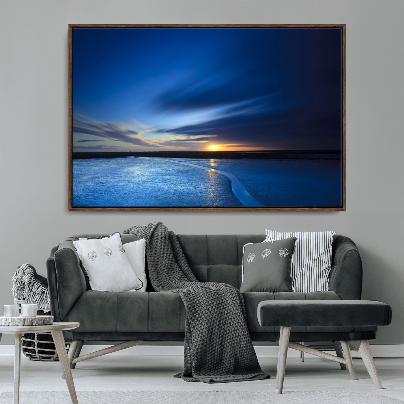 65405-MGV-CV-36X24-Blue Sunrise Seascape Wall Art – Tranquil Ocean Horizon Canvas Print with Golden Sunlight and Deep Sky, Coastal Landscape Decor