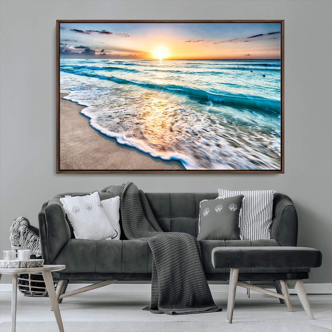 27815-MGV-CV-36X24-Ocean Sunrise Beach Wall Art – Serene Coastal Canvas Print with Waves and Golden Morning Light, Relaxing Seascape Decor for