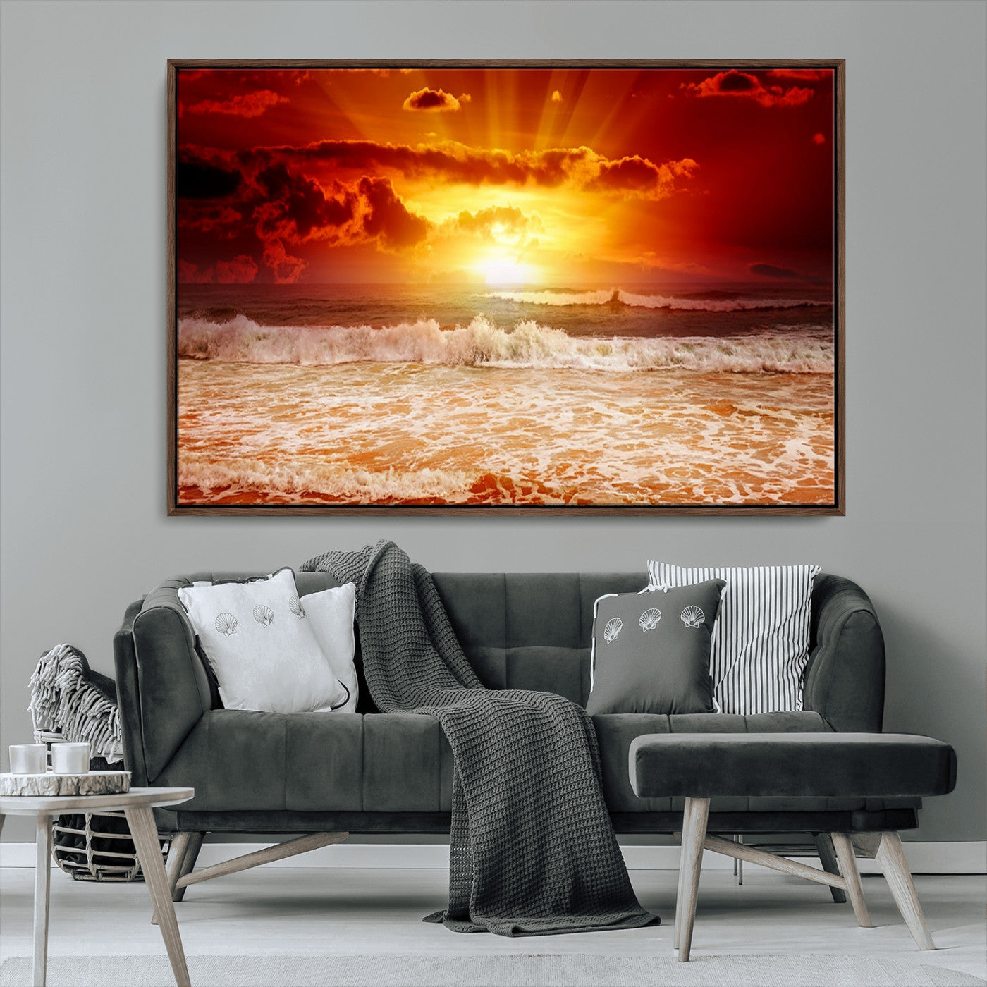 60211-MGV-CV-36X24-Fiery Sunset Ocean Wall Art – Red Sky Seascape Canvas Print with Waves, Bold Coastal Sunset Decor for Living Room or Bedroom