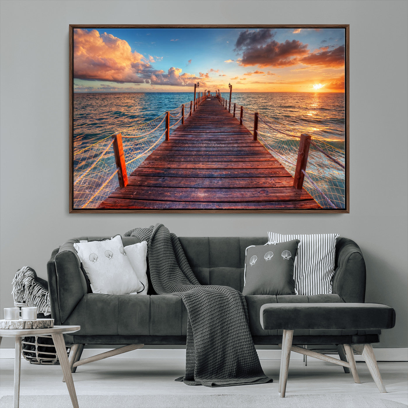 28836-MGV-CV-36X24-Ocean Pier Sunset Wall Art – Wooden Dock and Golden Horizon Canvas Print, Coastal Seascape Photography for Living Room, Bedroom,
