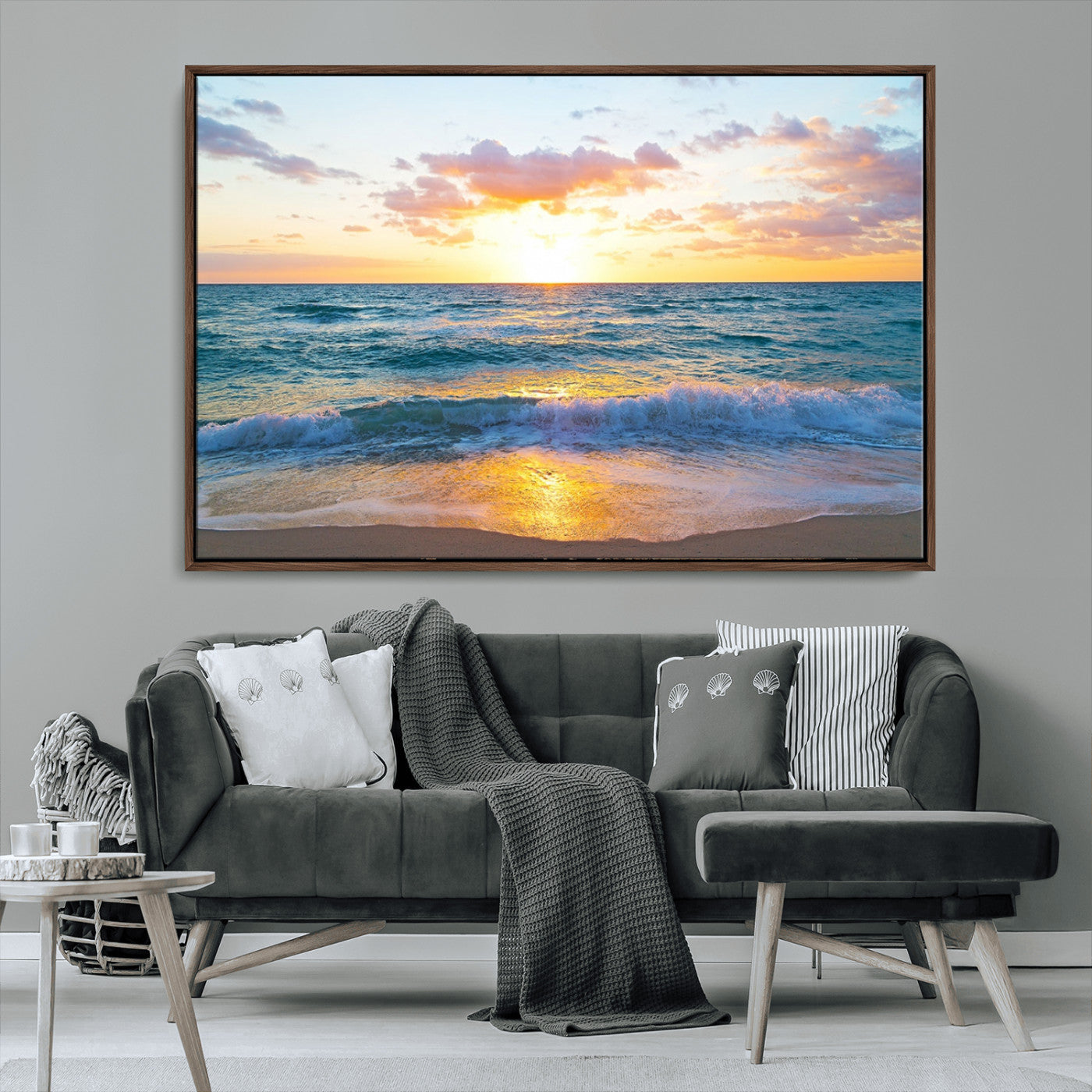 78006-MGV-CV-36X24-Golden Sunrise Ocean Wall Art – Panoramic Beach Waves Canvas Print, Coastal Seascape Artwork for Living Room, Bedroom, Office, or