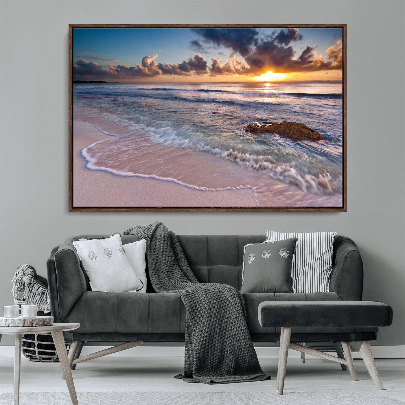 94906-MGV-CV-36X24-Sunrise Beach Wall Art – Panoramic Ocean Waves Canvas Print, Coastal Sunset Seascape Artwork for Living Room, Bedroom, or Office