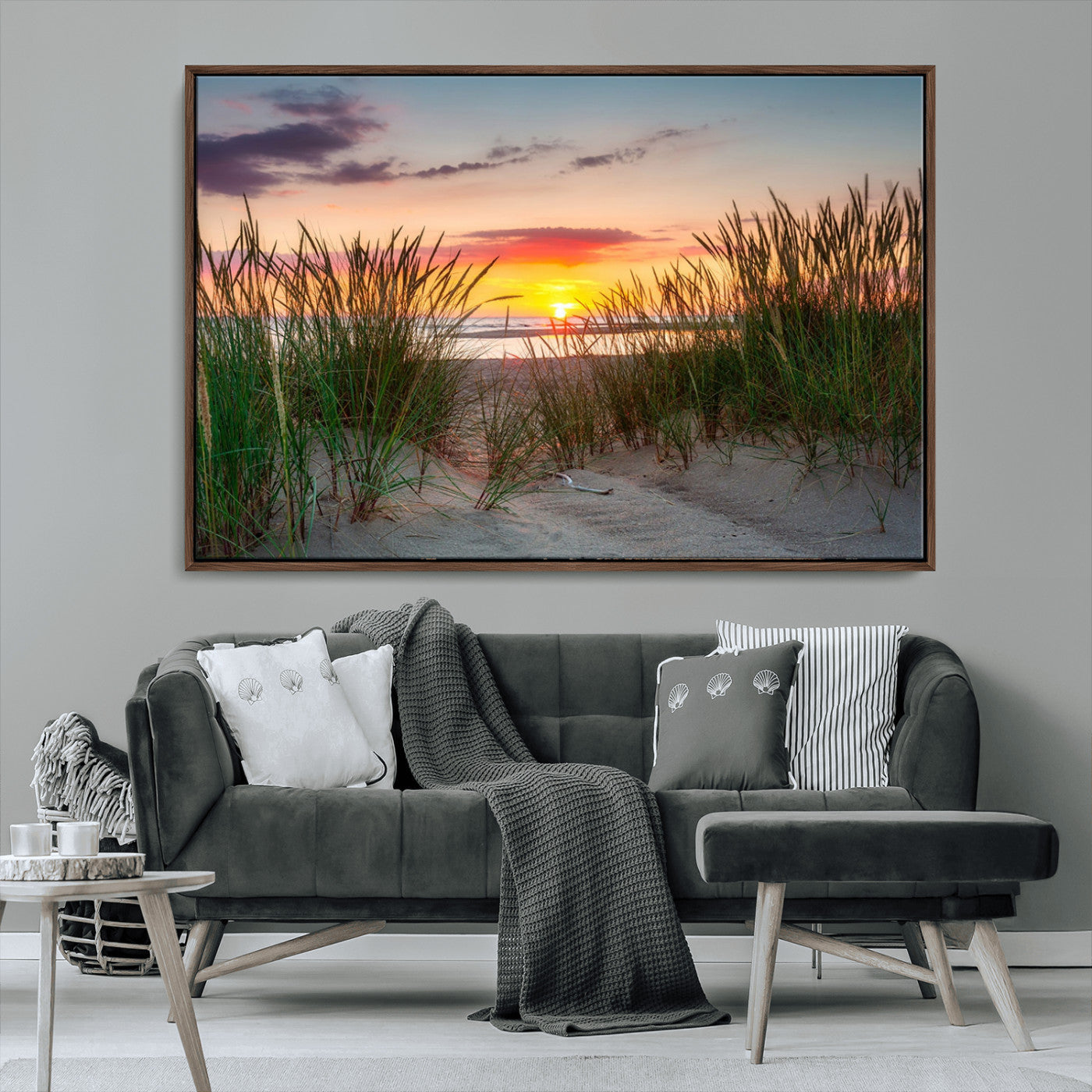 25576-MGV-CV-36X24-Beach Grass Sunset Wall Art – Coastal Sand Dune Landscape Canvas Print, Ocean View Nature Decor for Living Room or Office Wall