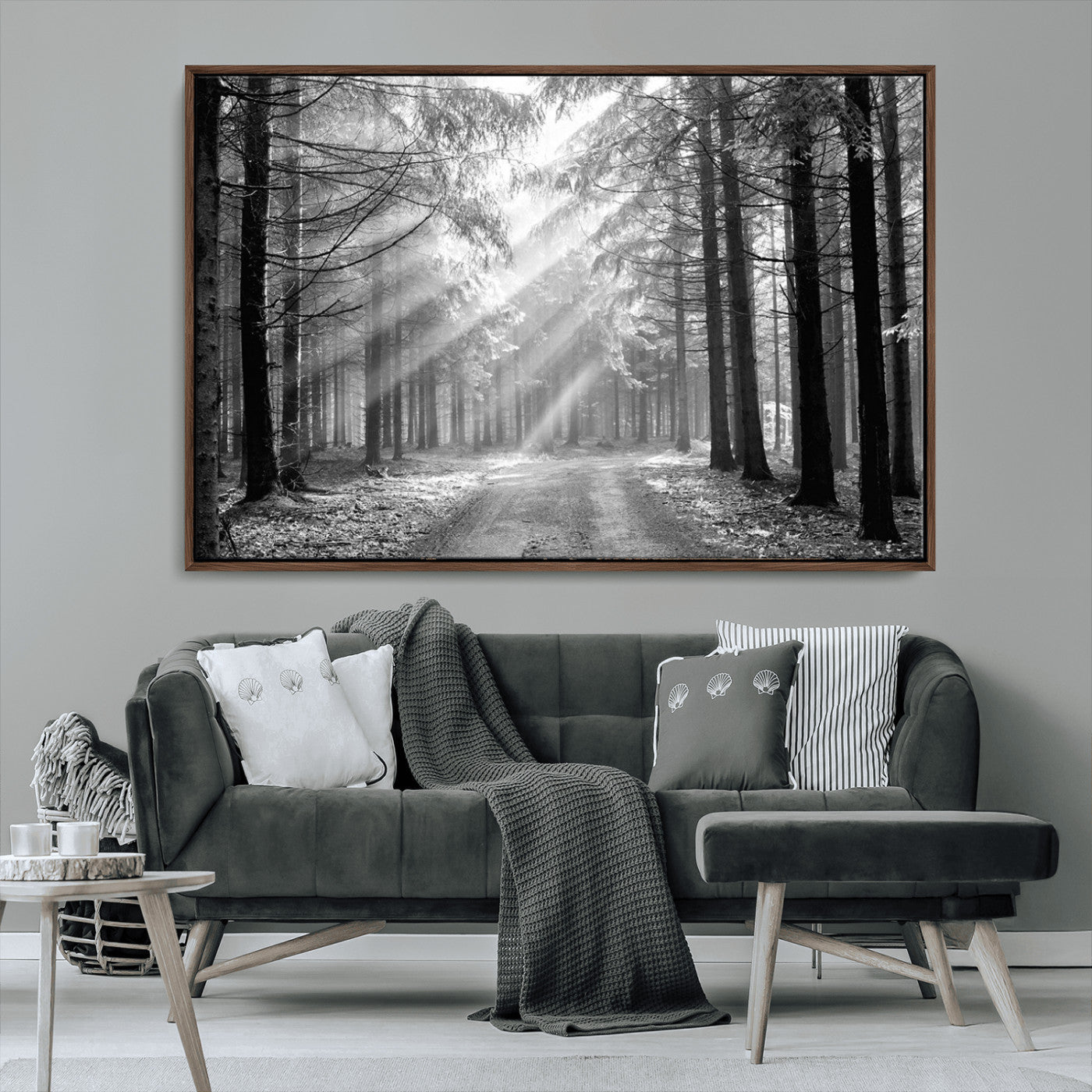 39665-MGV-CV-36X24-Black and White Forest Path Wall Art – Sunlight Rays in Trees Canvas Print, Nature Landscape Decor for Living Room or Office