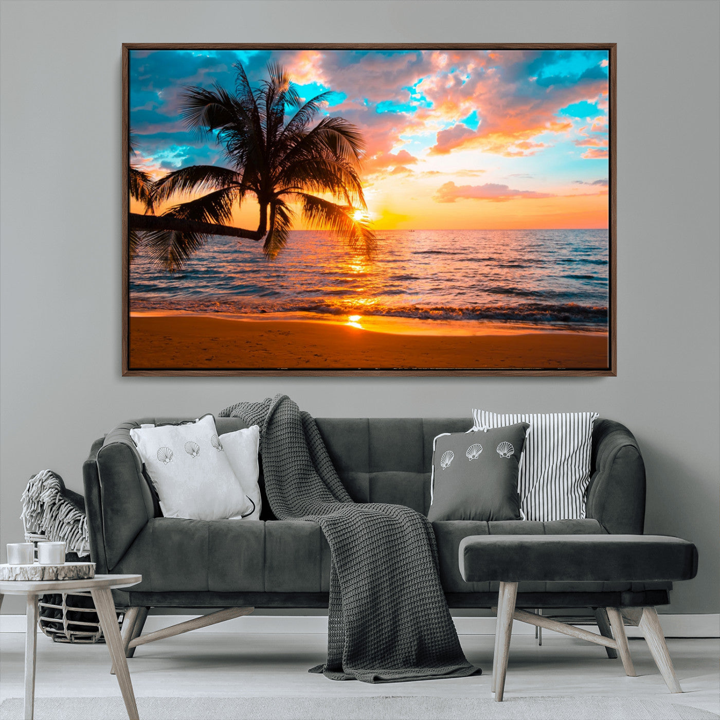 34674-MGV-CV-36X24-Tropical Sunset Beach Wall Art – Palm Tree Ocean Canvas Print, Coastal Seascape Decor for Living Room or Office Wall