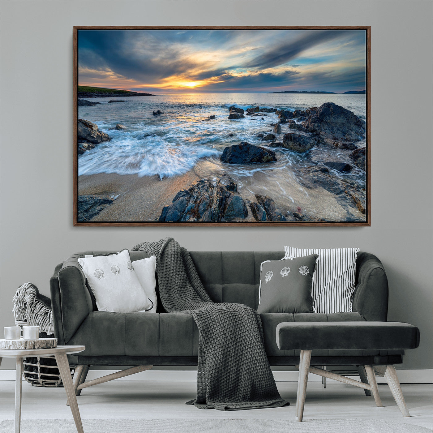 17902-MGV-CV-36X24-Rocky Shore Ocean Sunset Wall Art – Coastal Seascape Canvas Print, Nature Beach Decor for Living Room or Office