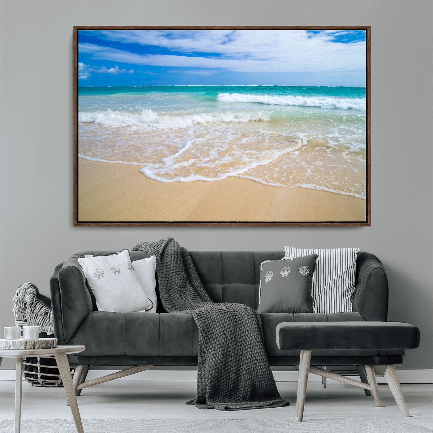 20660-MGV-CV-36X24-Ocean Wave Beach Wall Art – Serene Blue Sea and Sandy Shore Canvas Print, Coastal Landscape Photography Decor for Living Room or