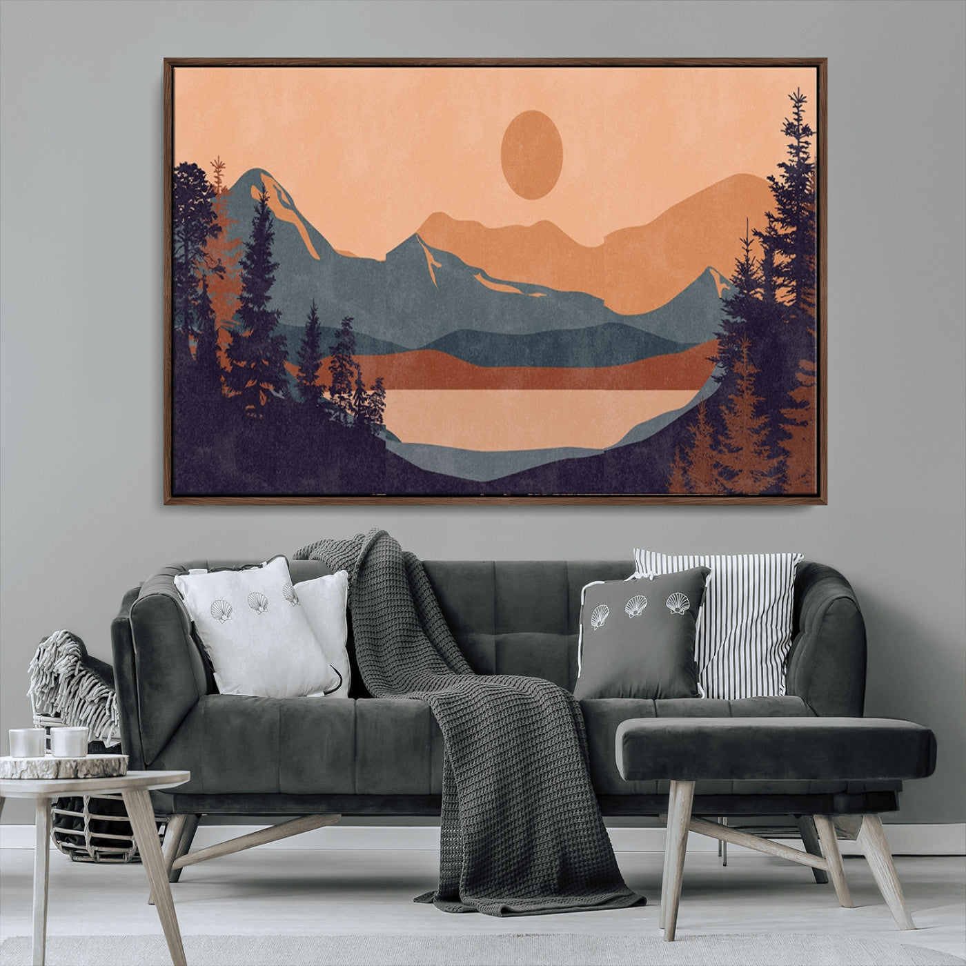 62795-MGV-CV-36X24-Minimalist Mountain Landscape Wall Art – Abstract Sunset Over Peaks and Pine Trees Canvas Print, Modern Nature Decor for Living
