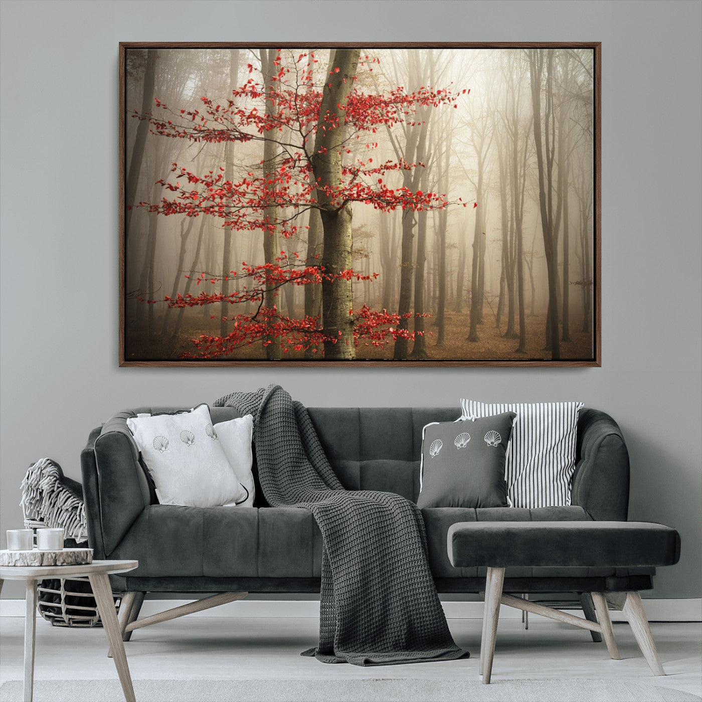61855-MGV-CV-36X24-Misty Forest Wall Art – Red Tree with Autumn Leaves Canvas Print, Moody Woodland Nature Decor for Living Room, Bedroom, or Office