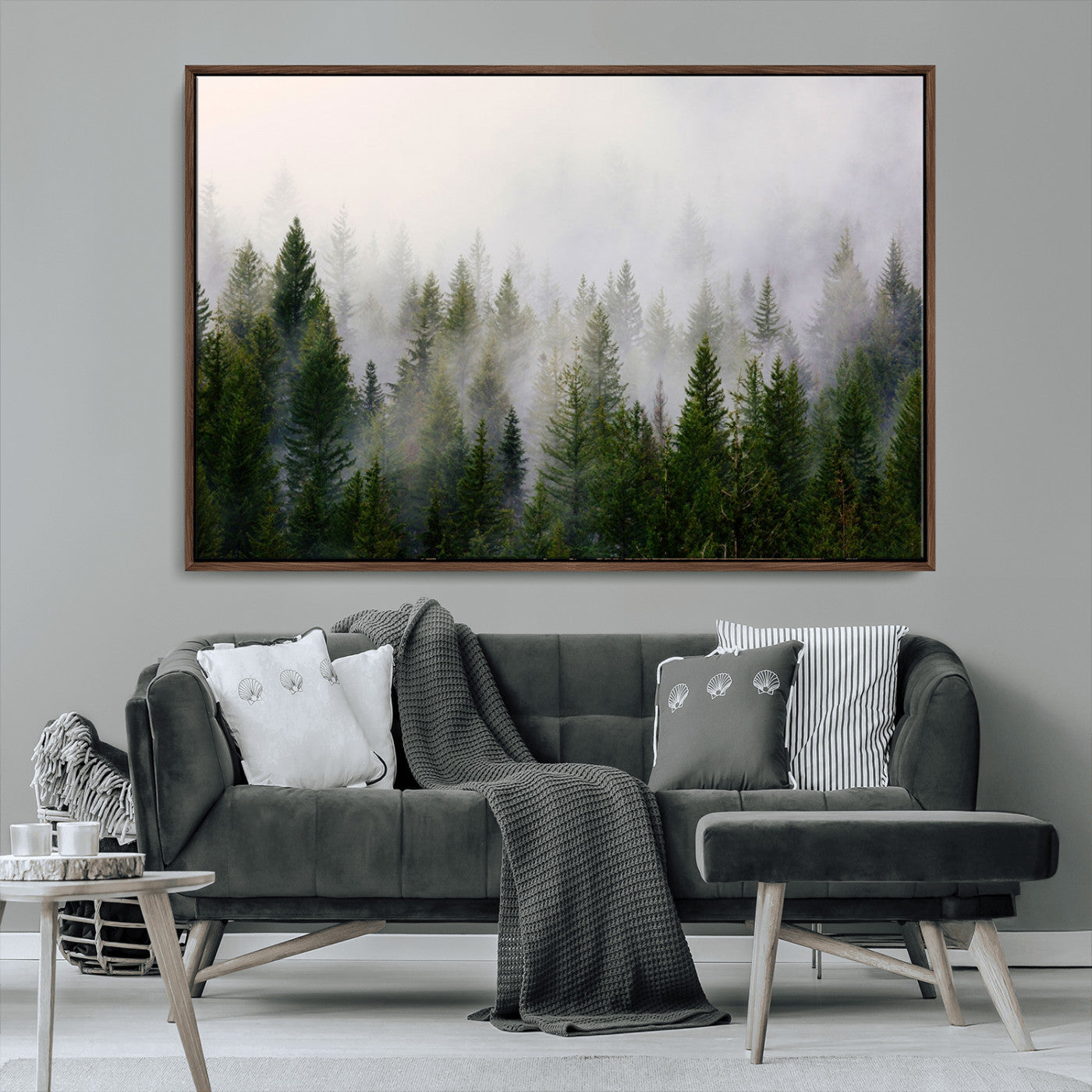 11436-MGV-CV-36X24-Misty Forest Wall Art – Tranquil Evergreen Tree Canvas Print with Foggy Landscape, Nature Inspired Artwork for Bedroom, Living