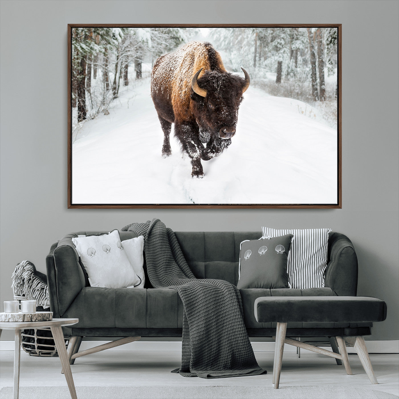 84699-MGV-CV-36X24-Bison in Winter Wall Art – Majestic Buffalo Canvas Print with Snowy Forest Landscape, Rustic Wildlife Artwork for Cabin, Living