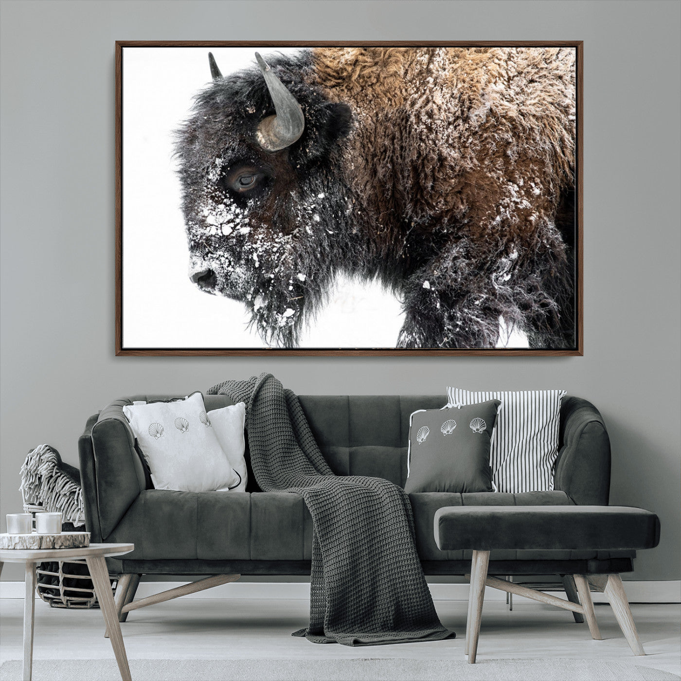 24304-MGV-CV-36X24-Bison Wall Art Canvas Print, Framed Winter Bison Art Picture Print, Snowy Buffalo Perfect Rustic Farmhouse Decor Artwork