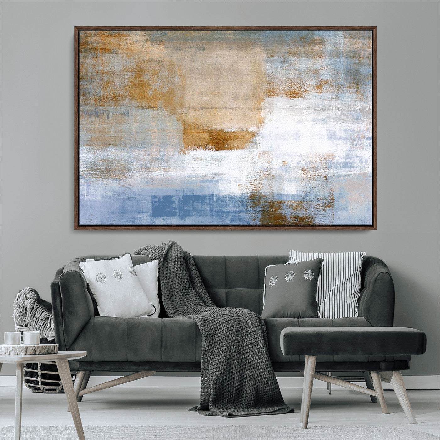 72354-MGV-CV-36X24-Blue and Gold Abstract Wall Art – Modern Minimalist Canvas Print, Textured Contemporary Painting for Living Room, Bedroom, or