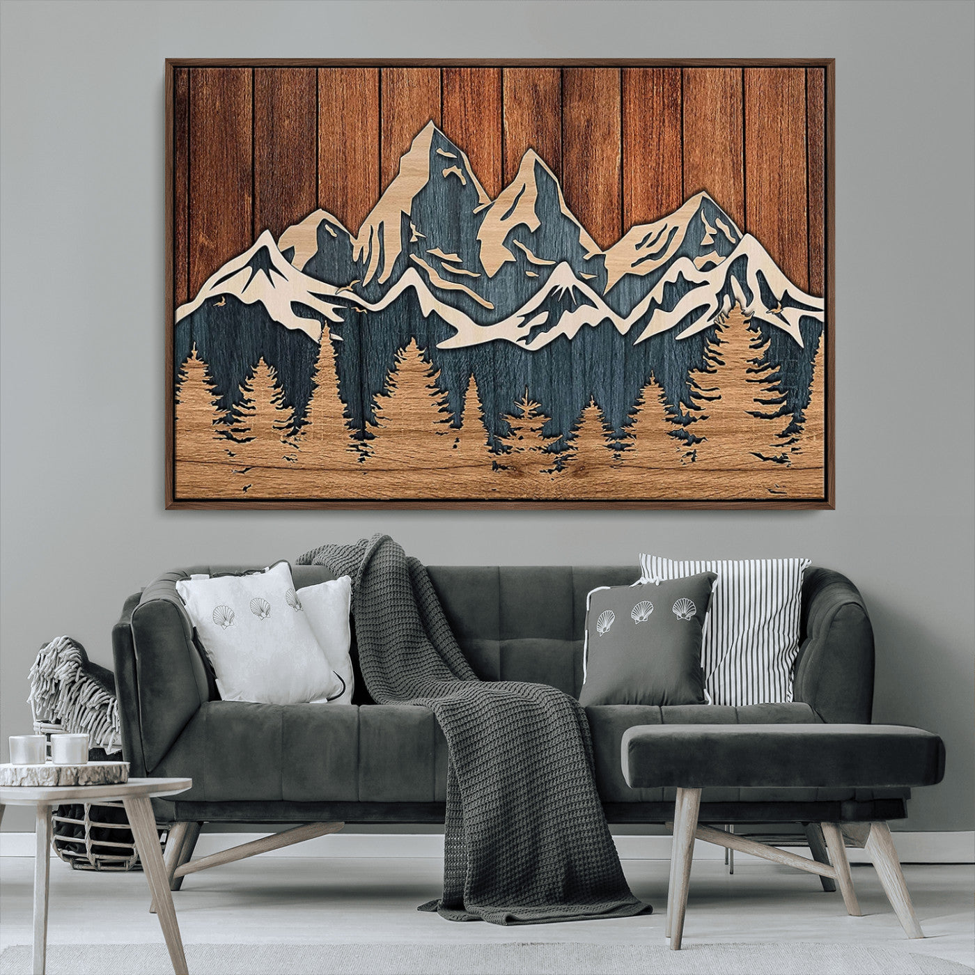 41330-MGV-CV-36X24-Rustic Mountain Wall Art – Wooden Nature Scene with Trees and Peaks, Handmade 3D Layered Decor for Living Room, Cabin or Office