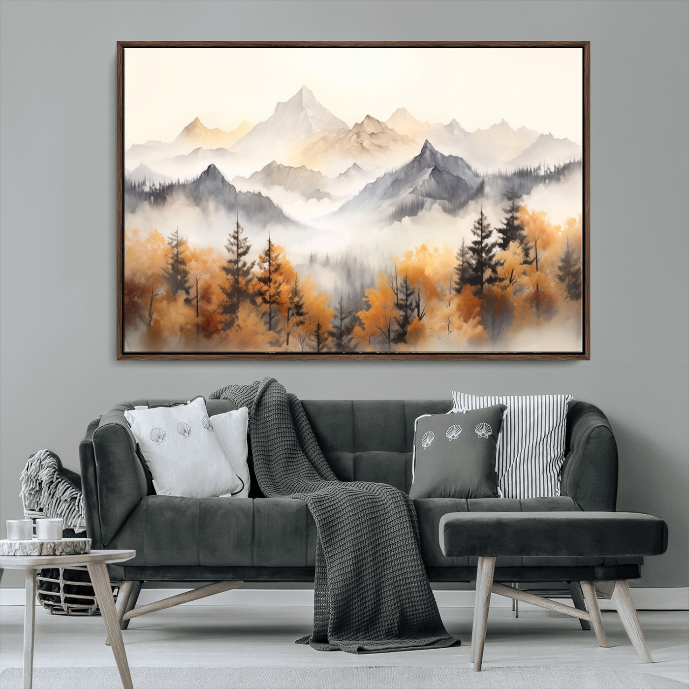 70049-MGV-FC-36X24_Walnut-Autumn Mountain Forest Wall Art – Misty Landscape Canvas Print, Rustic Nature Inspired Decor for Living Room, Bedroom or Office