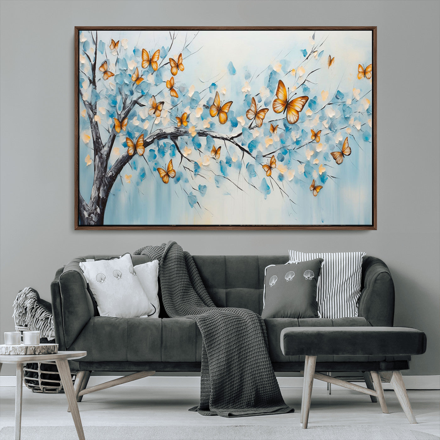 59455-MGV-CV-36X24-Butterfly Tree Branch Wall Art – Blue and Yellow Abstract Canvas Print, Modern Nature Artwork for Living Room, Bedroom or Office