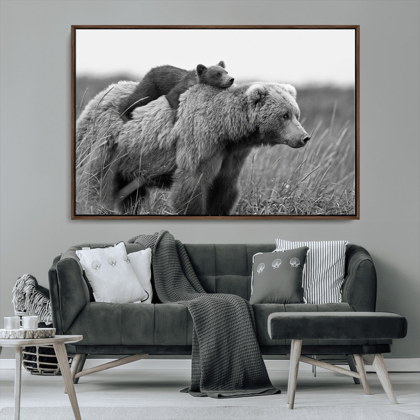 76338-MGV-CV-36X24-Mother Bear and Cub Wall Art – Black and White Wildlife Canvas Print, Rustic Nature Photography for Cabin, Living Room or Office