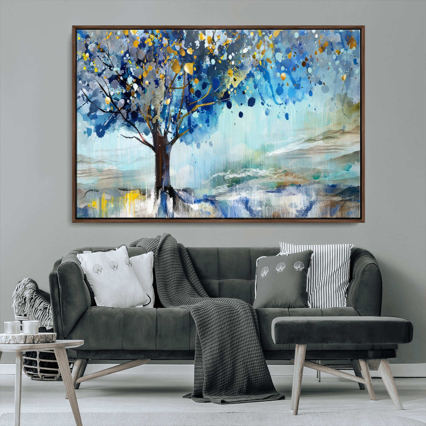 17018-MGV-CV-36X24-Abstract Blue Tree Wall Art – Colorful Canvas Painting with Gold and Silver Accents, Modern Nature Artwork for Living Room,