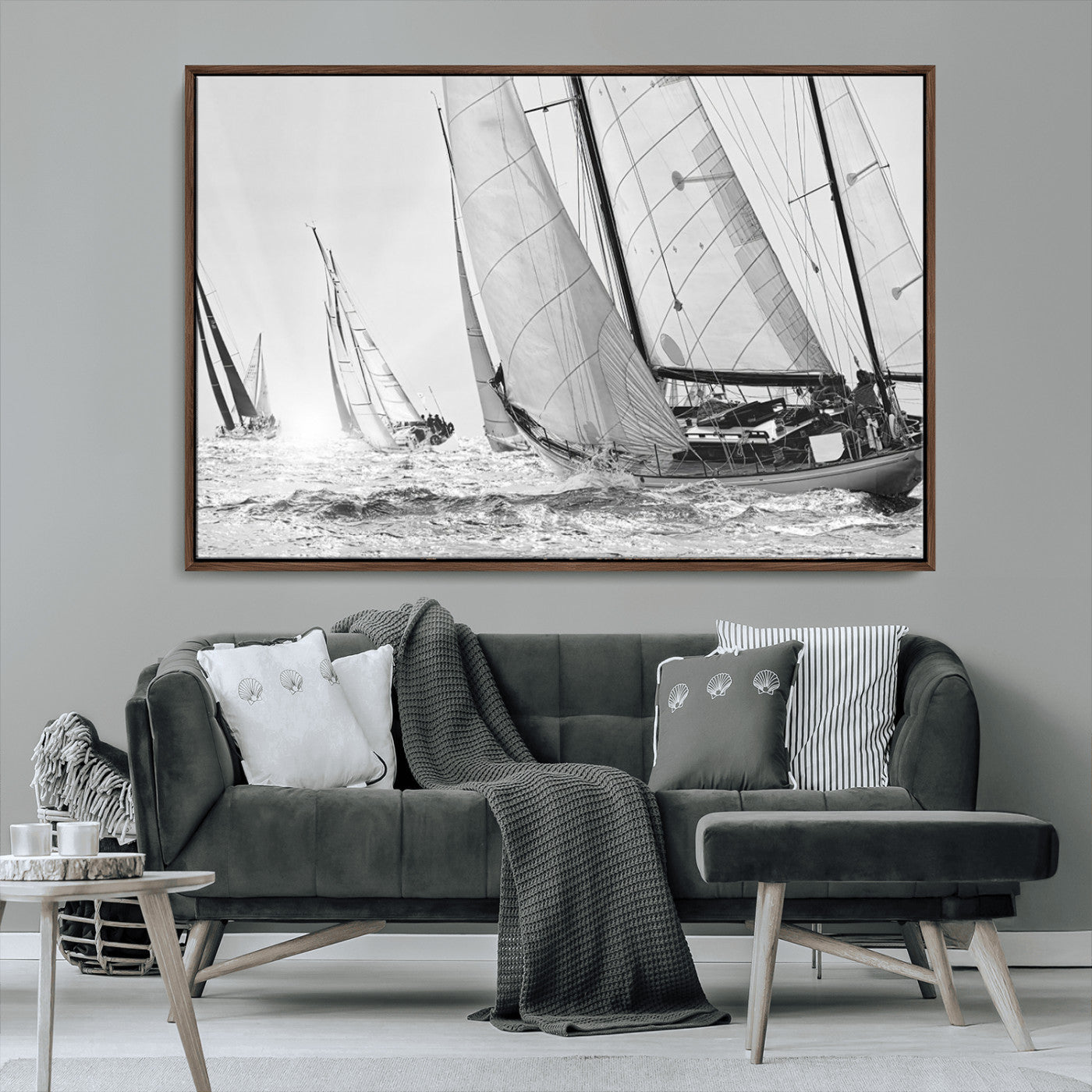 Boat-1-MGV-CV-36X24-Sailboat Racing Wall Art – Nautical Black and White Canvas Print, Ocean Adventure Decor for Office, Living Room or Bedroom