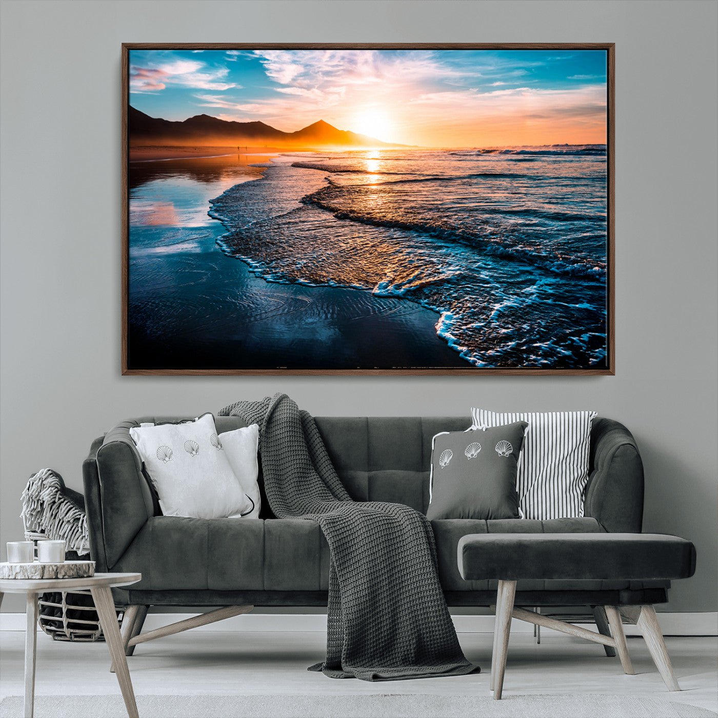26494-MGV-CV-36X24-Ocean Sunset Wall Art – Scenic Beach Canvas Print with Waves and Mountains, Coastal Seascape Photography for Living Room, Bedroom