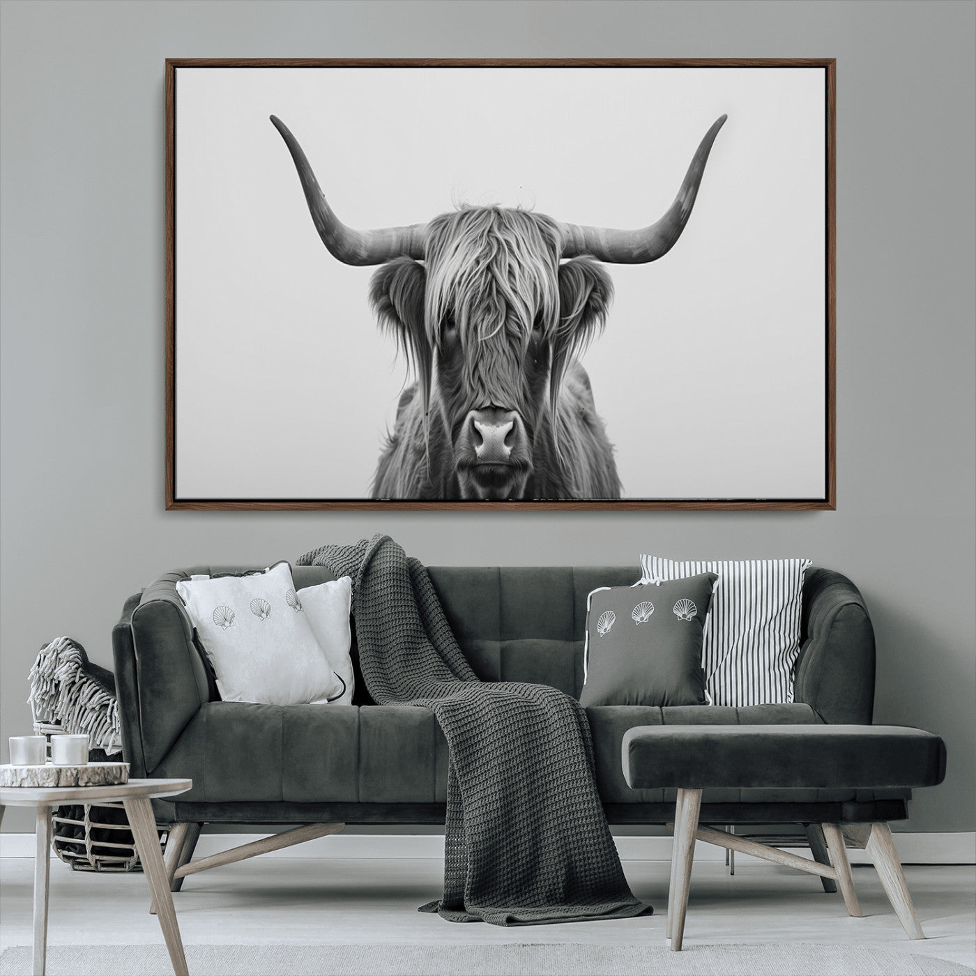 35820-MGV-FC-36X24_Walnut-Minimalist Highland Cow Wall Art – Black and White Longhorn Cattle Canvas Print, Modern Farmhouse Animal Photography Decor for