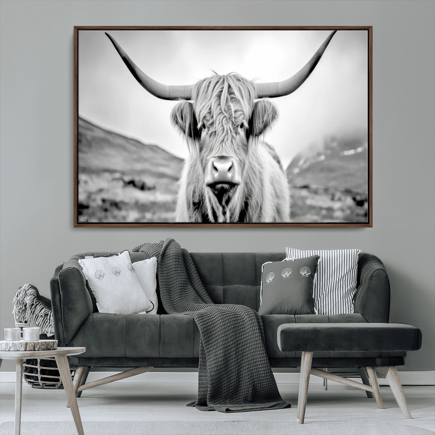 80564-MGV-CV-36X24-Highland Cow Wall Art – Black and White Scottish Highland Canvas Print, Rustic Farmhouse Decor for Living Room, Bedroom or Office