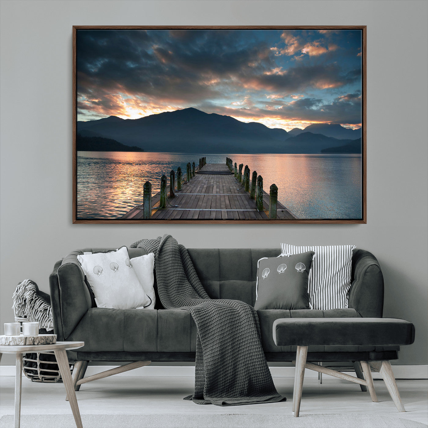 20442-MGV-CV-36X24-Lakeside Sunset Dock Wall Art – Peaceful Mountain Lake Canvas Print, Serene Nature Landscape Decor for Living Room, Bedroom or