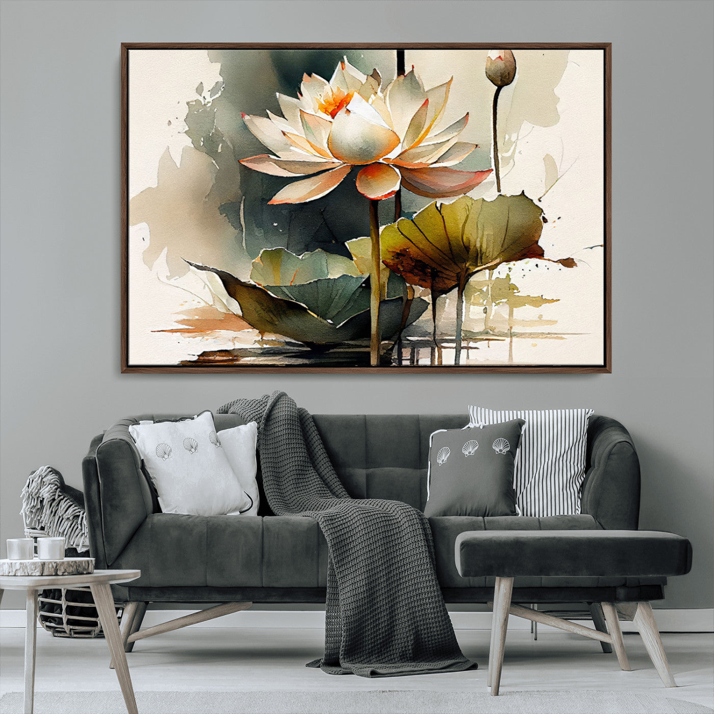 62531-MGV-FC-36X24_Walnut-Lotus Flower Wall Art – Watercolor Botanical Canvas Print, Tranquil Nature Artwork for Living Room, Bedroom or Meditation Space