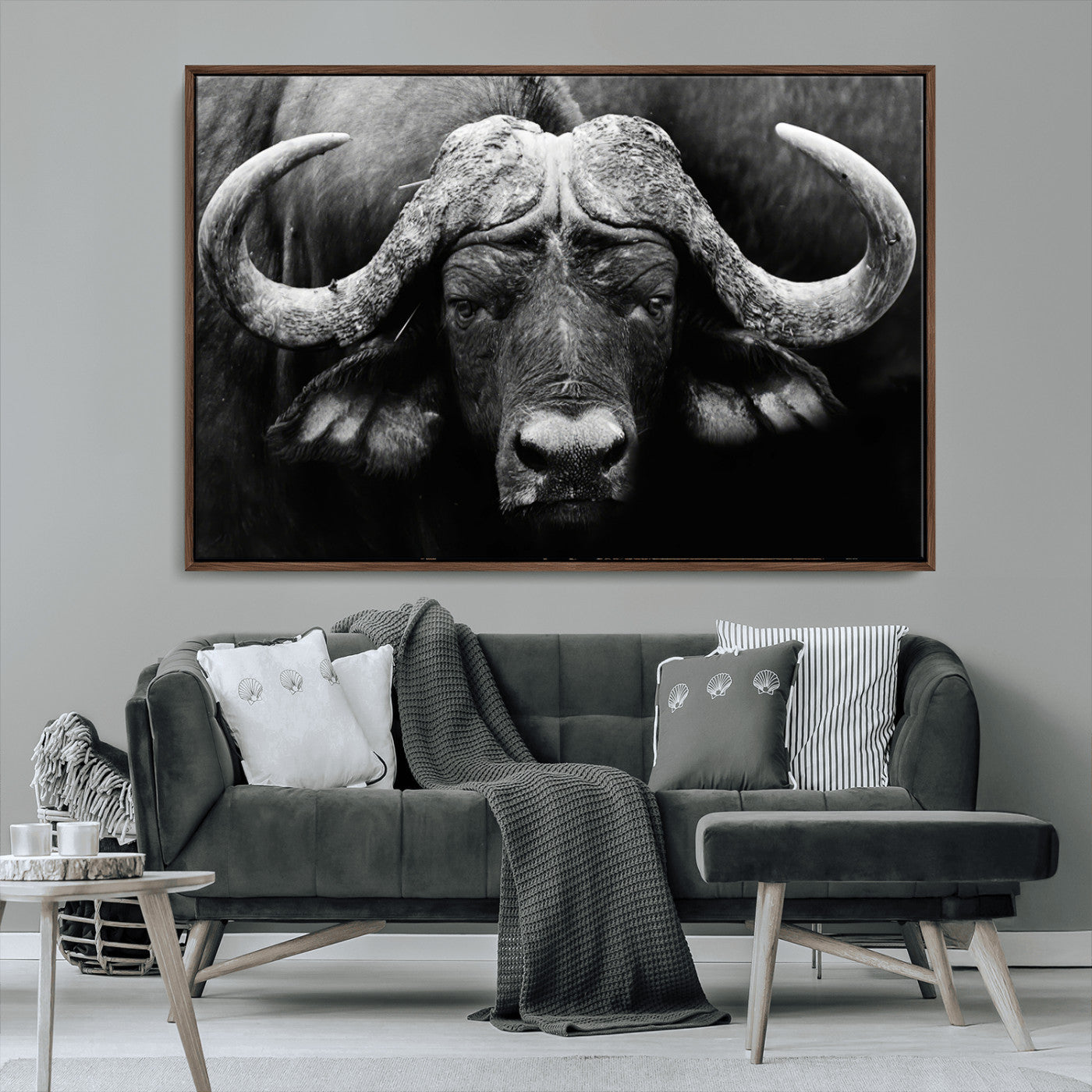 75273-MGV-CV-36X24-Buffalo Wall Art – Black and White African Buffalo Canvas Print, Rustic Wildlife Animal Artwork for Farmhouse, Living Room,