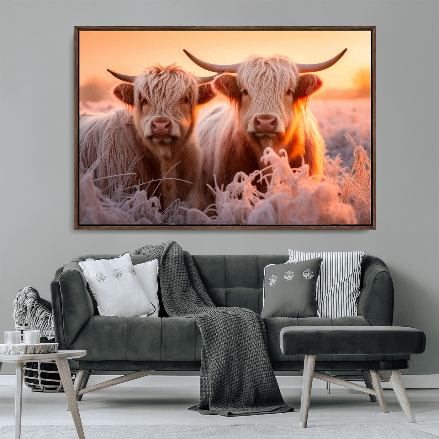 68253-MGV-CV-36X24-Highland Cow Wall Art – Rustic Farmhouse Cattle Canvas Print, Frosty Sunset Animal Artwork for Living Room, Bedroom or Country