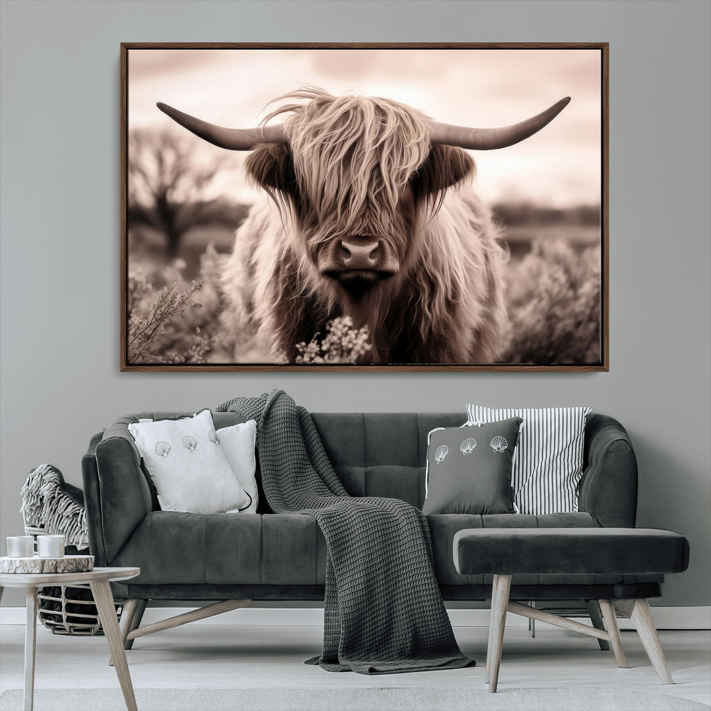 55903-MGV-CV-36X24-Highland Cow Wall Art – Rustic Sepia Scottish Highland Bull Canvas Print, Farmhouse Country Animal Decor for Living Room, Bedroom