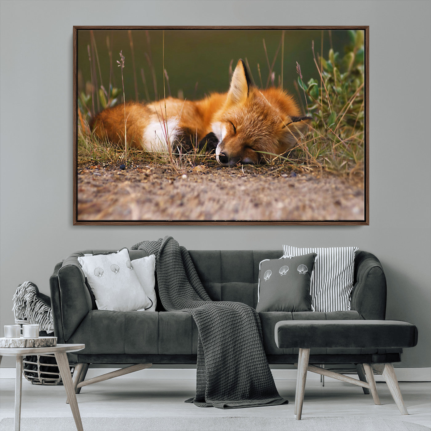 25085-MGV-CV-36X24-Sleeping Fox Wall Art Canvas Print, Framed Rustic Fox Art Picture Print, Wildlife Animal Perfect Rustic Farmhouse Decor Artwork