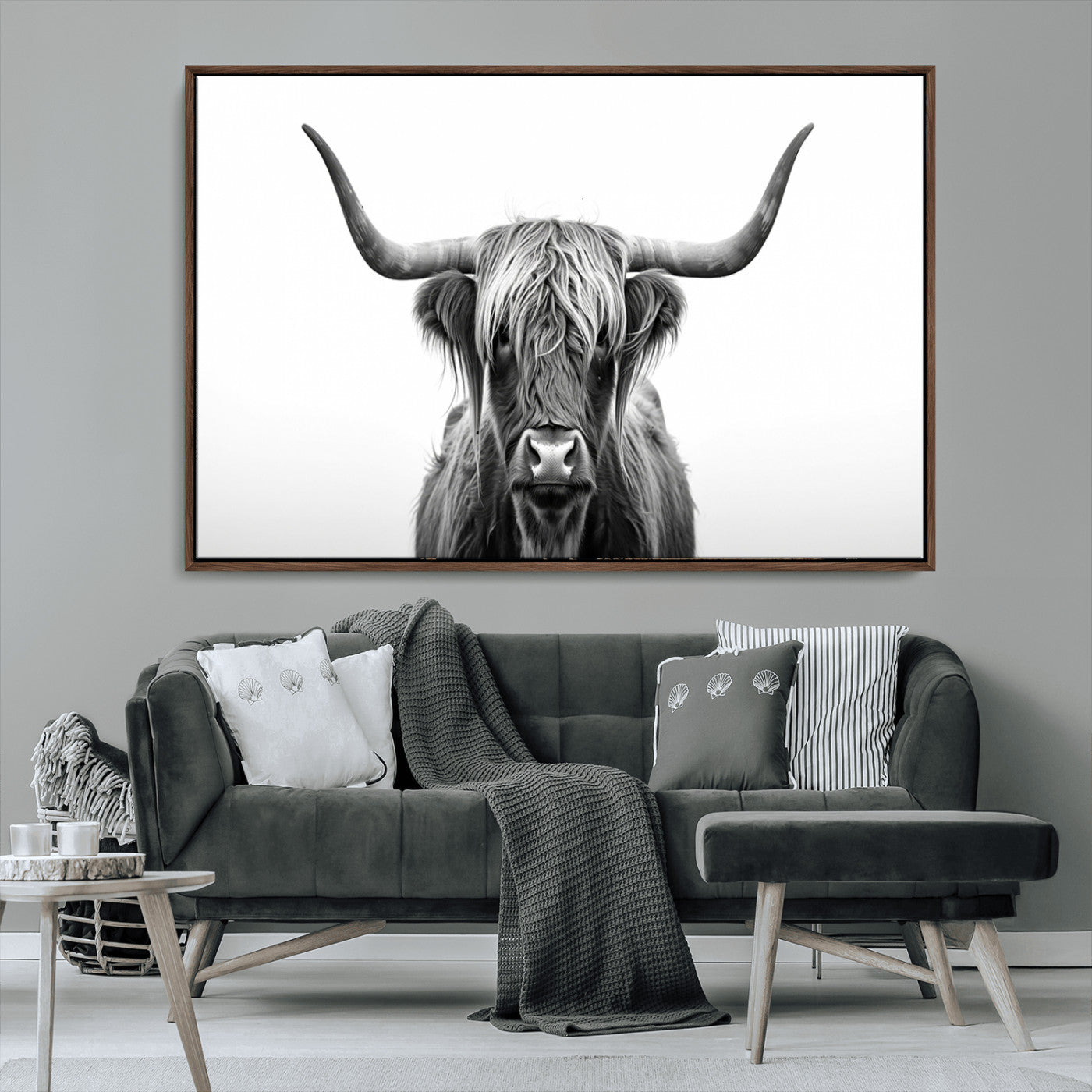 49556-MGV-CV-36X24-Highland Cow Wall Art – Black and White Scottish Highland Cattle Print, Rustic Farmhouse Minimalist Animal Portrait Canvas for