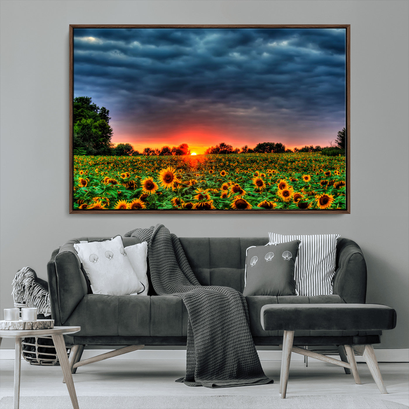 45045-MGV-CV-36X24-Sunflower Field Sunset Wall Art – Dramatic Stormy Sky Landscape Print, Vibrant Yellow Floral Nature Canvas for Living Room,