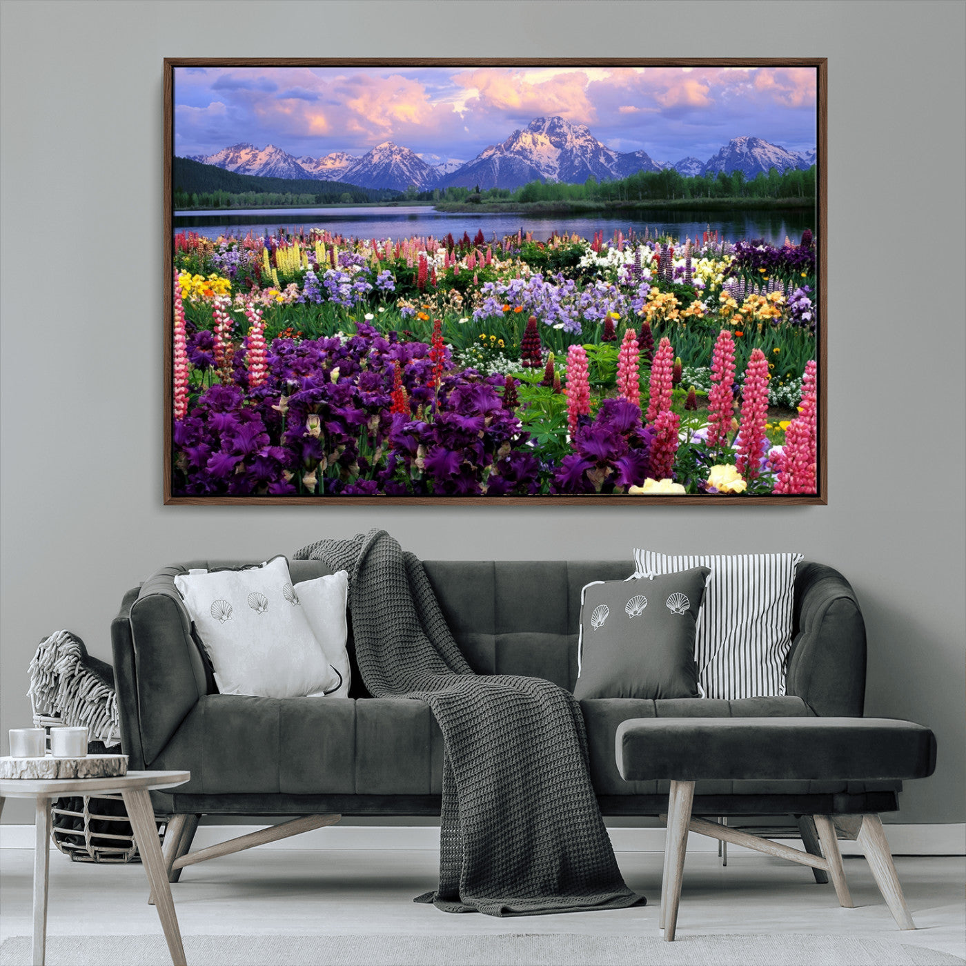 82270-MGV-FC-36X24_Walnut-Colorful Wildflower Meadow Landscape Wall Art – Snow-Capped Mountain Lake Sunset Print, Vibrant Nature Artwork for Living Room,