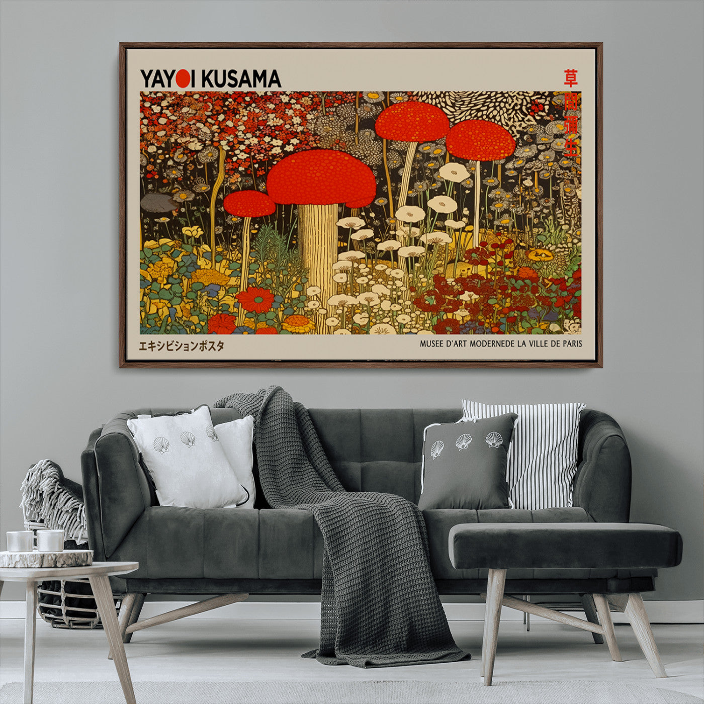 38013-MGV-FC-36X24_Walnut-Yayoi Kusama Inspired Mushroom Garden Wall Art – Whimsical Botanical Canvas Print, Surreal Nature Poster, Fantasy Floral Artwork