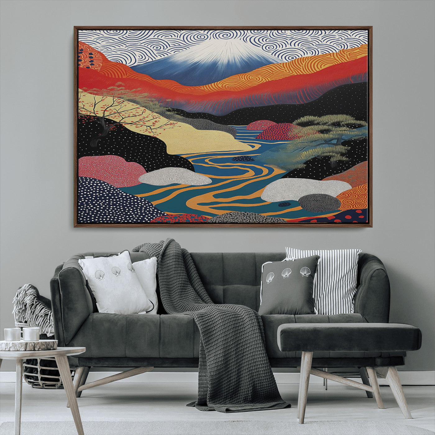 22313-MGV-FC-36X24_Walnut-Yayoi Kusama Wall Art – Abstract Mount Fuji Landscape Canvas Print, Vibrant Japanese Nature Scene with River, Mountains and Sky